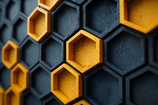 Geometric Honeycomb Pattern in 3D Art with Black and Gold Hexagons photo