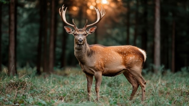 Majestic deer standing in a forest clearing at sunset photo