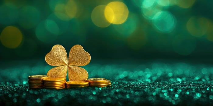 Festive gold coin clover for St. Patricks day celebration with green background photo