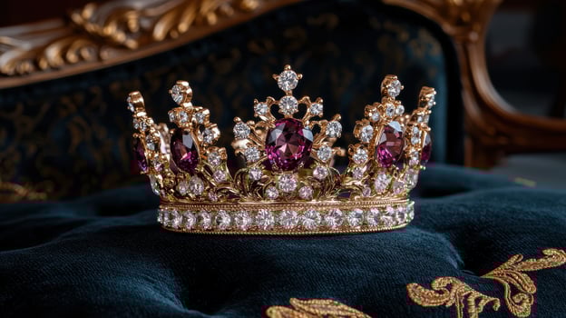 Close up of a golden crown with purple and white jewels resting on a blue velvet cushion photo