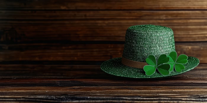 St Patricks day hat with shamrocks on a wooden surface photo