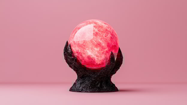 A glowing pink crystal ball held by a black claw photo