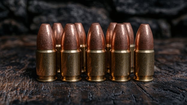 Ammunition lined up on a wooden surface photo
