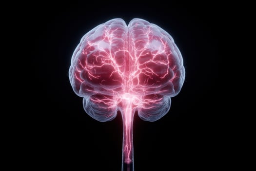 Brain with glowing neural activity on a black background photo
