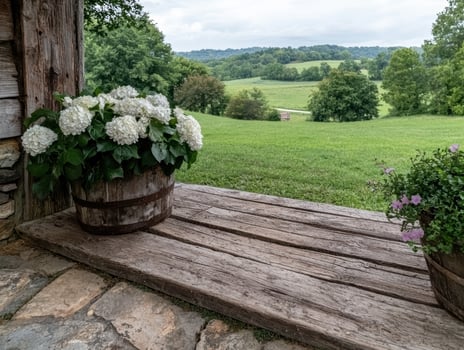 Hydrangeas and other flowers on a rustic porch overlooking a green field photo