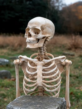 A skeleton sits in a field photo