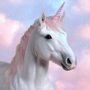 A majestic unicorn with a pink mane and horn against a dreamy sky photo