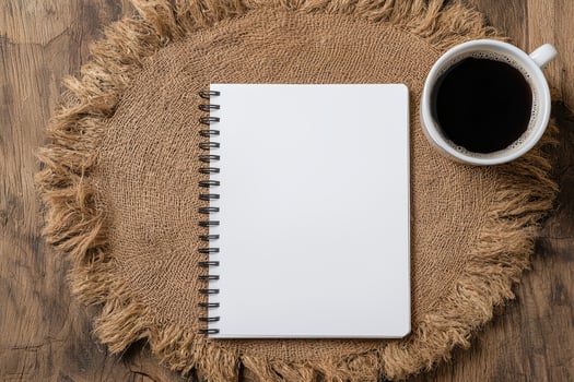 Blank notebook and coffee on a rustic wooden table photo