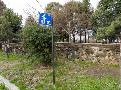 Sign in park illustrating cleaning up dog poop after walking outside photo