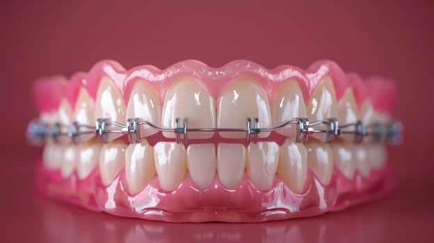 A detailed 3D model depicts a dental arch with braces applied to the teeth, illustrating orthodontic treatment in a clinical environment and emphasizing dental health. photo