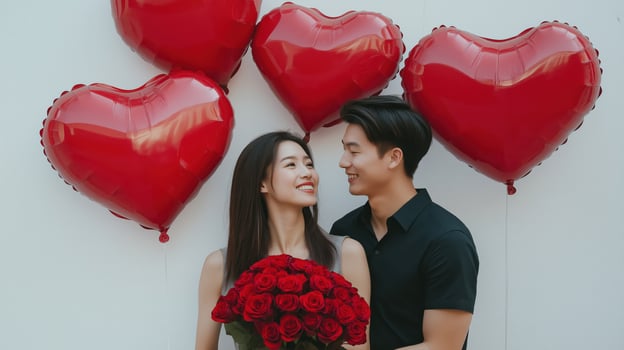 asian young couple standing in front of a white wall. The man is holding a bouquet of red roses and the woman is standing next to him with her arms around him photo