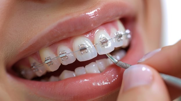 A dental hygienist carefully adjusts the braces on a young patient's teeth in a well equipped orthodontic clinic, ensuring proper alignment and comfort during the visit. photo