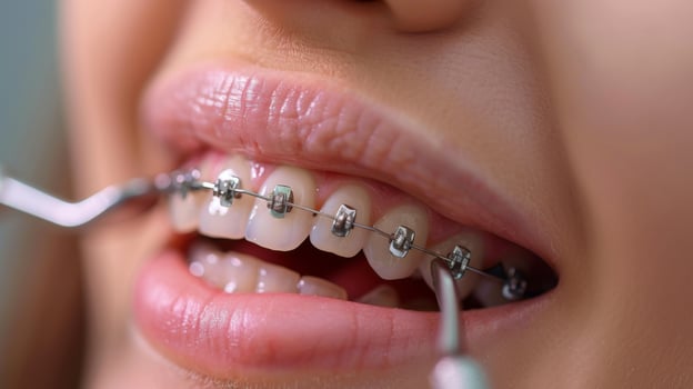 A dental professional adjusts braces on a patient's teeth in a bright clinic, focusing on oral health and alignment during a routine appointment. photo