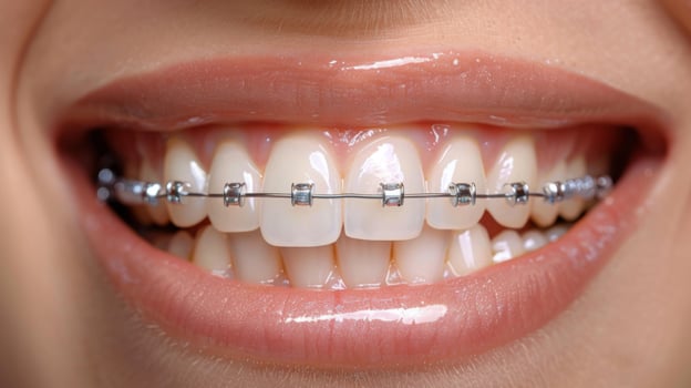 Person with braces smiles broadly, highlighting well aligned teeth. Natural light accentuates the dental work, emphasizing the joy of a confident smile. photo