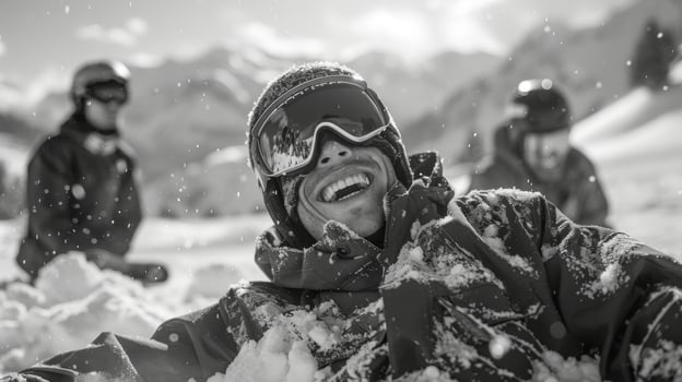 Group of friends playing in thick snow with laughter and smiles on a sunny winter day in a mountainous landscape, capturing the spirit of outdoor adventure and fun. photo