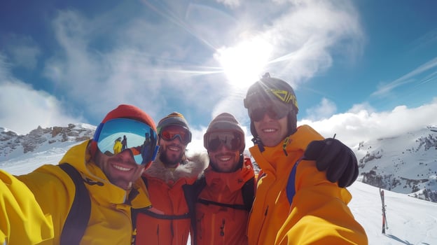 Friends dressed in colorful winter gear take a group selfie on a sunny day, celebrating their skiing adventure at a beautiful snowy mountain peak. photo