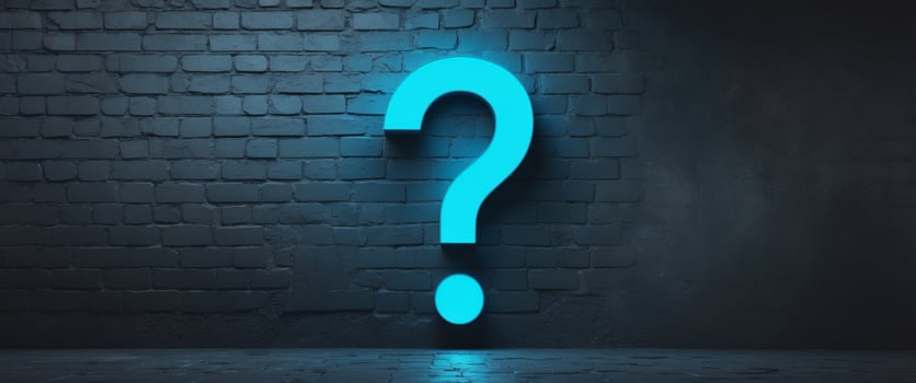 Glowing Neon Blue Question Mark on Dark Brick Wall in Cyberpunk Urban Art Style photo