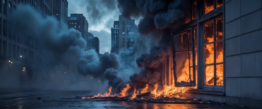 Flames engulf a window as smoke billows in a fierce fire at night in an urban area photo