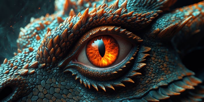 Close up of a Dragon s Fiery Orange Eye Dark Fantasy Creature Reptile Texture Mythical Beast. photo