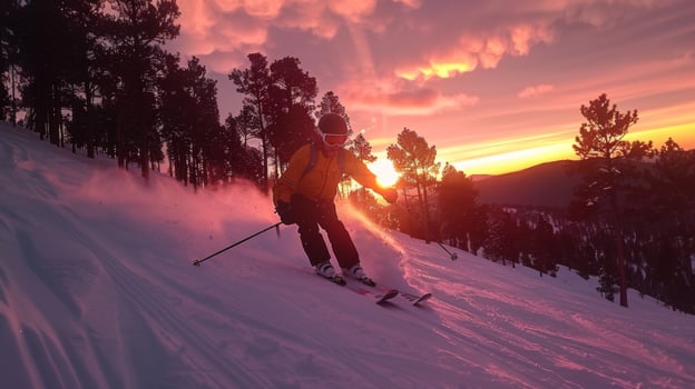A skier gracefully descends a snowy slope as the sun sets, casting vibrant colors across the sky. Tall trees frame the beautiful scene, enhancing the winter landscape. photo