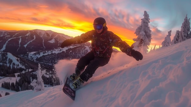 A snowboarder skillfully rides down a snowy mountain slope during a breathtaking sunset, surrounded by the serene beauty of winter landscapes and pine trees. photo