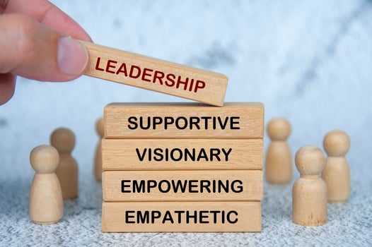 LEADERSHIP, SUPPORTIVE, VISIONARY, EMPOWERING and EMPATHETIC text on wooden blocks. Leadership concept. photo