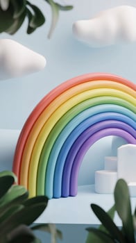 Colorful rainbow sculpture on a pastel blue background with decorative clouds and foliage. photo