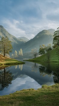 Serene lake reflecting majestic mountains and lush greenery under a cloudy sky. photo