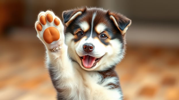 Happy puppy waving its paw with a joyful expression in a cozy indoor setting photo