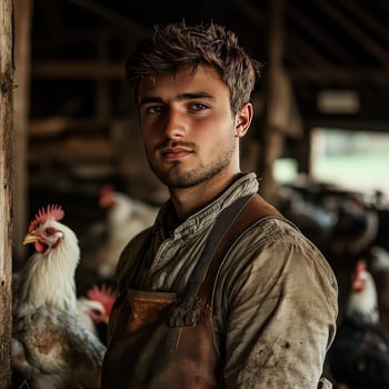 Young man in an old barn with chickens photo