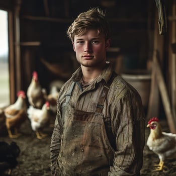 Young man standing in front of chickens in a barn photo