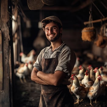 Farmer standing in front of chickens photo