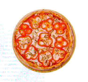 Delicious pizza topped with red bell peppers and chicken on a wooden board ready to be served photo