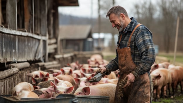 Farmer Feeding Pigs on a Farm photo