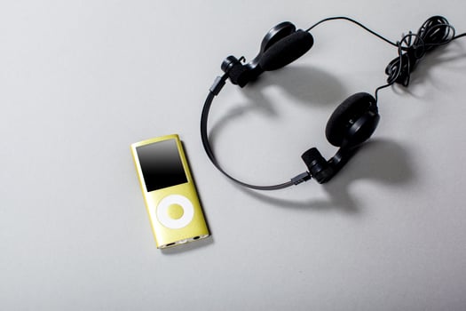Audio Headphones with Cord on Grey Background photo
