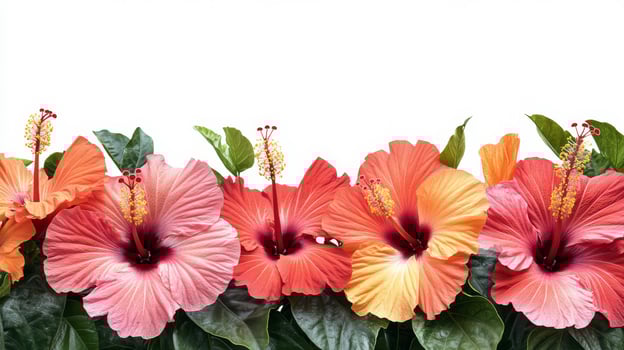 Several hibiscus flowers are arranged in a row photo