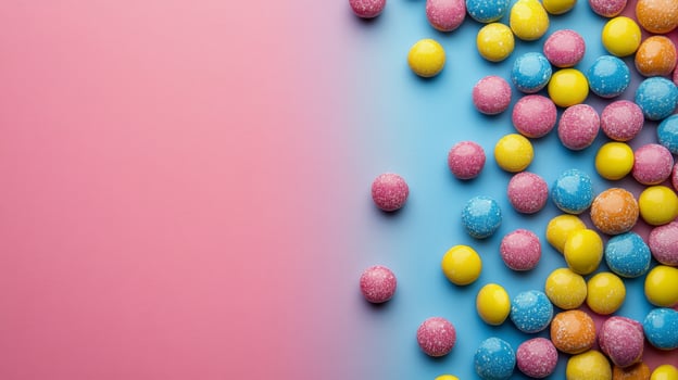 Colorful candy assortment on vibrant blue and pink background with sprinkles and various shapes photo