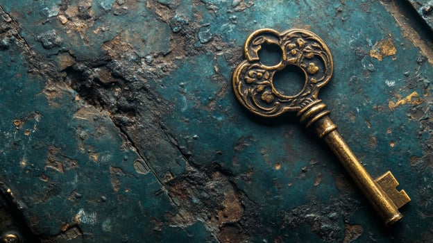Vintage ornate key lying on a rusty surface with texture and detail captured in natural light photo