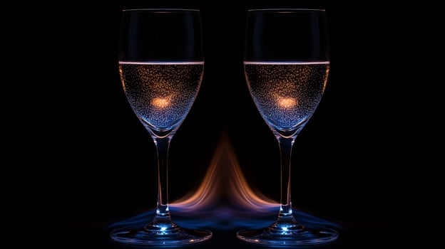 Two champagne flutes are lit up with blue light photo