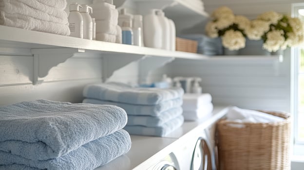 A laundry room with towels and baskets photo