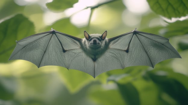 A bat is flying through the air in the forest photo