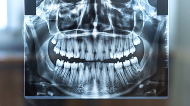 A dental X ray displays a comprehensive view of the entire set of teeth, highlighting the alignment and condition of molars, incisors, and gum health. photo