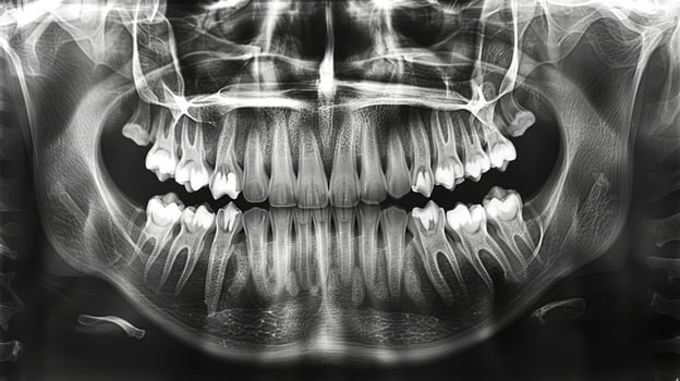The X ray reveals the arrangement of teeth in the upper and lower jaws, highlighting potential dental issues such as cavities and misalignment for professional evaluation. photo