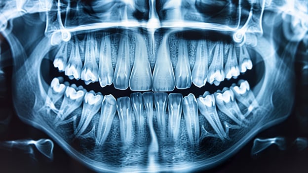 Close examination reveals the arrangement of teeth, roots, and possible dental issues in both the upper and lower jaw, assisting in diagnosis during a routine dental checkup. photo