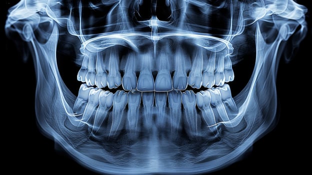 A clear x ray showing the intricate details of a human skull and jaw. This serves as a valuable resource for dental professionals and students in understanding oral anatomy. photo