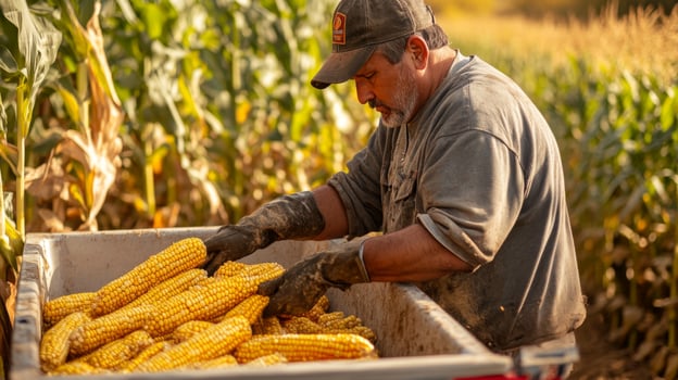 Dedicated Farmer Harvesting Corn in Field photo