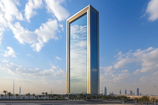 Dubai's modern skyline dominating the cityscape under a cloudy sky photo