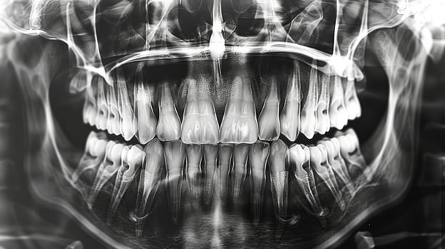 A detailed dental x ray displays the arrangement of teeth and jaw structure, allowing for assessment of dental health and identification of potential issues in a medical setting. photo
