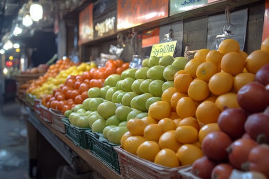 A fruit stand with oranges, lemons, and apples photo