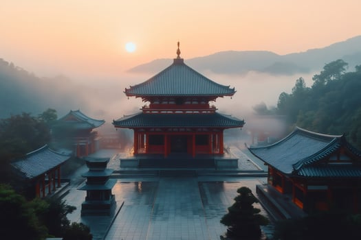 Japanese temple emerging from the morning mist at sunrise photo